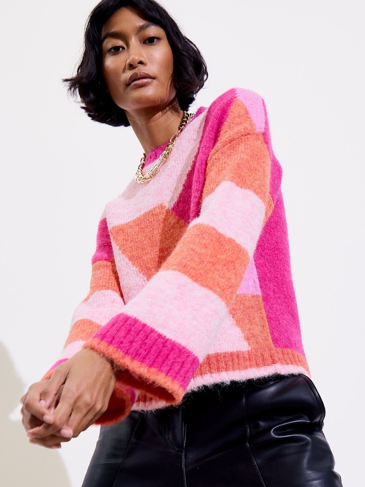 Oliver Bonas Pink Geometric Fluffy Knitted Jumper - Image 1 of 8