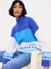 Oliver Bonas Blue Funnel Neck Knitted Jumper - Image 1 of 9