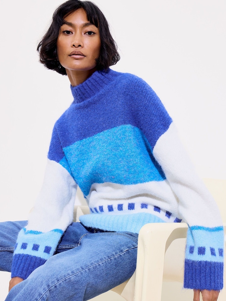 Oliver Bonas Blue Funnel Neck Knitted Jumper - Image 1 of 9