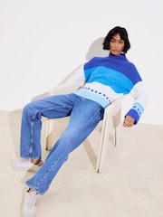 Oliver Bonas Blue Funnel Neck Knitted Jumper - Image 3 of 9