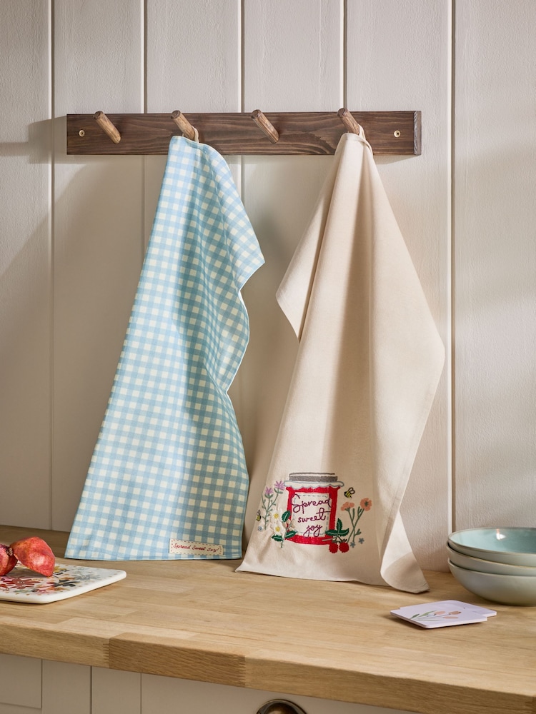 Set of 2 Blue Jam Jar Embroidered Tea Towels - Image 1 of 4 Set of 2 Blue Jam Jar Embroidered Tea Towels - Image 1 of 4