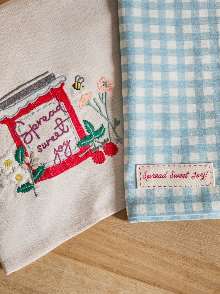 Set of 2 Blue Jam Jar Embroidered Tea Towels - Image 2 of 4 Set of 2 Blue Jam Jar Embroidered Tea Towels - Image 2 of 4