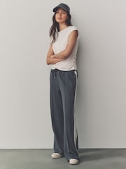 Ink Navy Blue Slinky Wide Leg Corduroy Side Stripe Track Trousers - Image 1 of 7