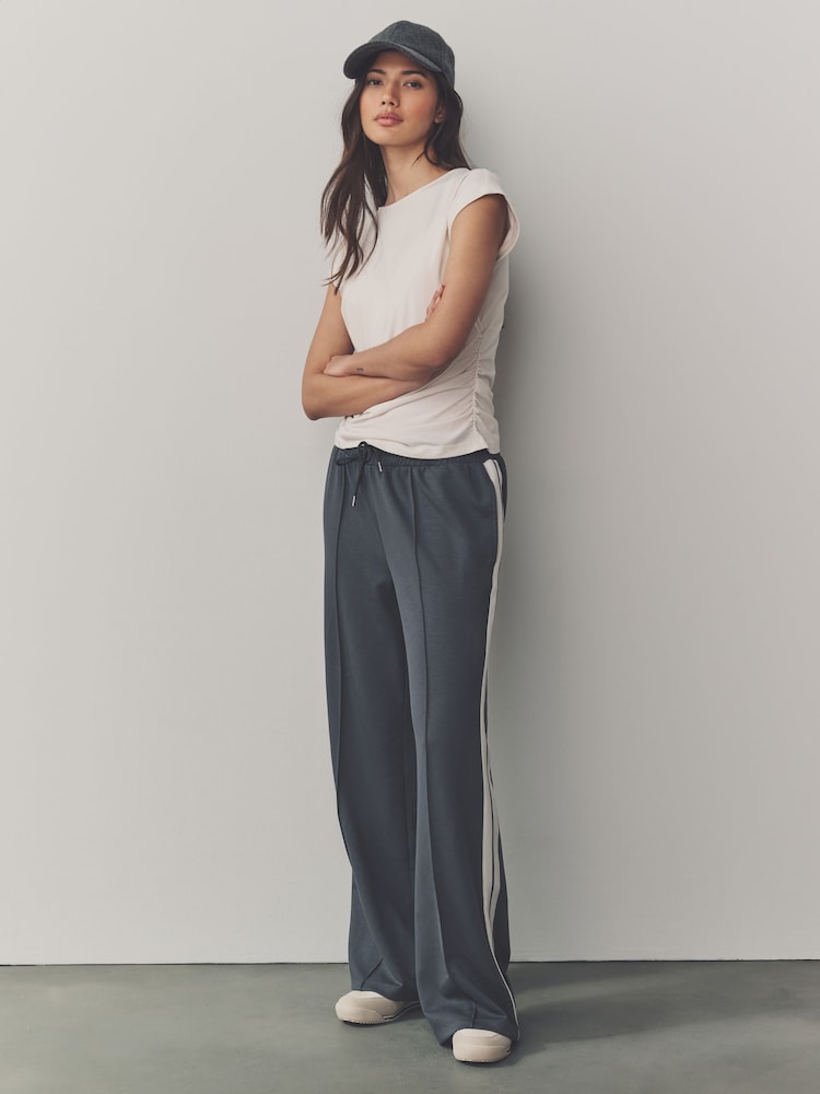 Ink Navy Blue Slinky Wide Leg Corduroy Side Stripe Track Trousers - Image 1 of 7
