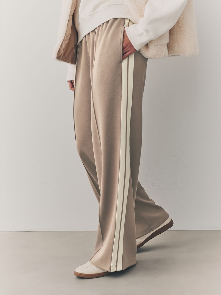 Taupe Brown Neutral Slinky Wide Leg Corduroy Side Stripe Track Trousers - Image 2 of 8