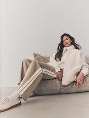 Taupe Brown Neutral Slinky Wide Leg Corduroy Side Stripe Track Trousers - Image 3 of 8