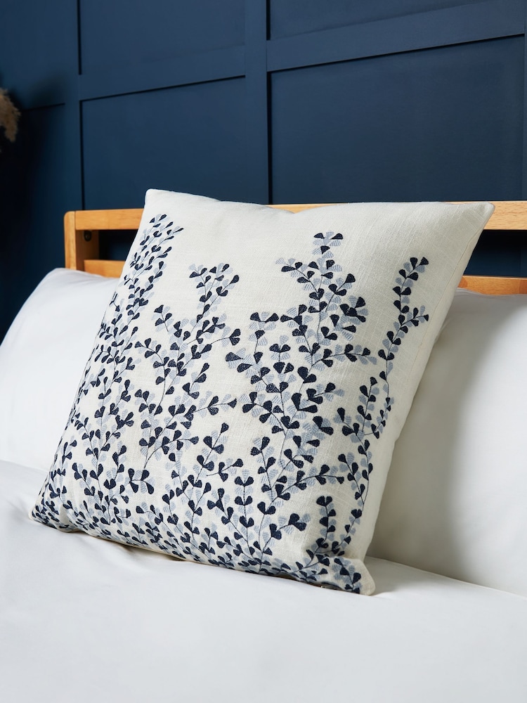 BHS Navy Embroidered 100% Cotton Cushion - Image 1 of 4