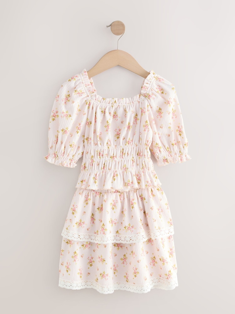 Pink Textured Floral Shirred Bardot Top & Skirt Set (3-16yrs) - Image 2 of 5
