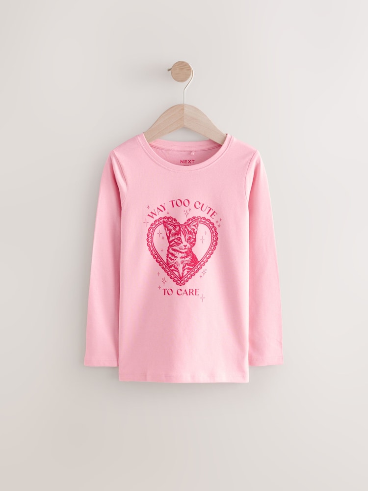 Pink Cute Cat Long Sleeve 100% Cotton T-Shirt (3-16yrs) - Image 1 of 4