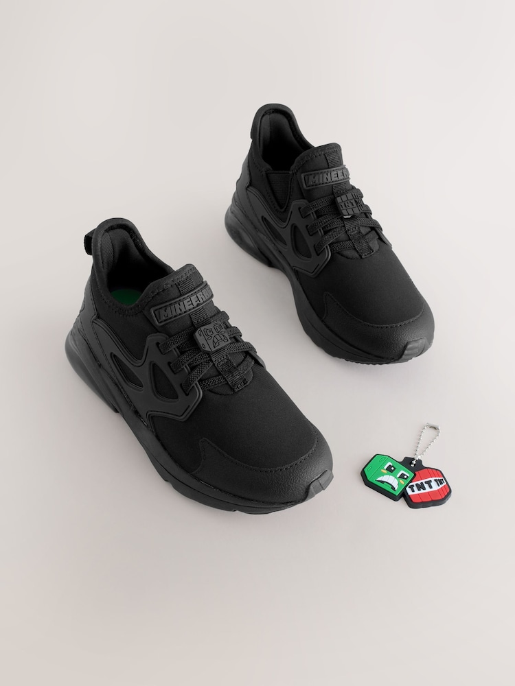 Black Standard Fit (F) Minecraft Elastic Lace School Trainers - Image 1 of 5