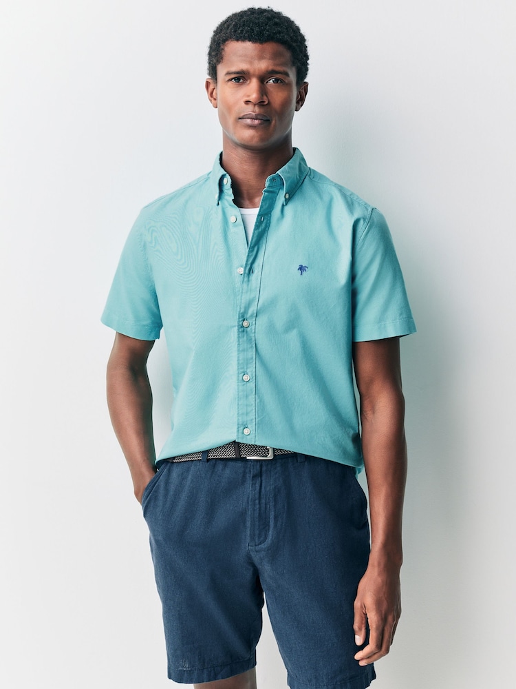 Teal Blue Oxford Short Sleeve 100% Cotton Shirt - Image 1 of 8 Teal Blue Oxford Short Sleeve 100% Cotton Shirt - Image 1 of 8