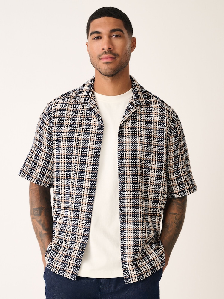 Monochrome Textured Check Short Sleeve 100% Cotton Shirt - Image 1 of 8