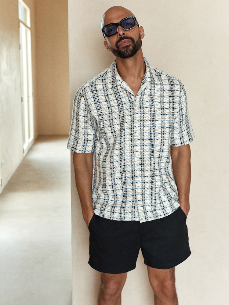 Ecru/Blue - Textured Check Short Sleeve 100% Cotton Shirt - Image 1 of 6