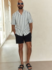 Ecru/Blue - Textured Check Short Sleeve 100% Cotton Shirt - Image 2 of 6