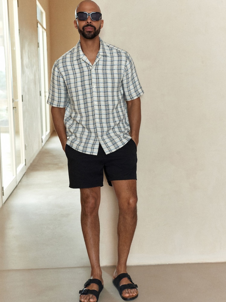 Ecru/Blue - Textured Check Short Sleeve 100% Cotton Shirt - Image 2 of 6