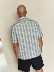 Ecru/Blue - Textured Check Short Sleeve 100% Cotton Shirt - Image 3 of 6