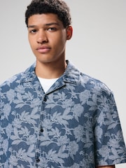 Navy Blue Jacquard Printed Short Sleeve Shirt - Image 1 of 9