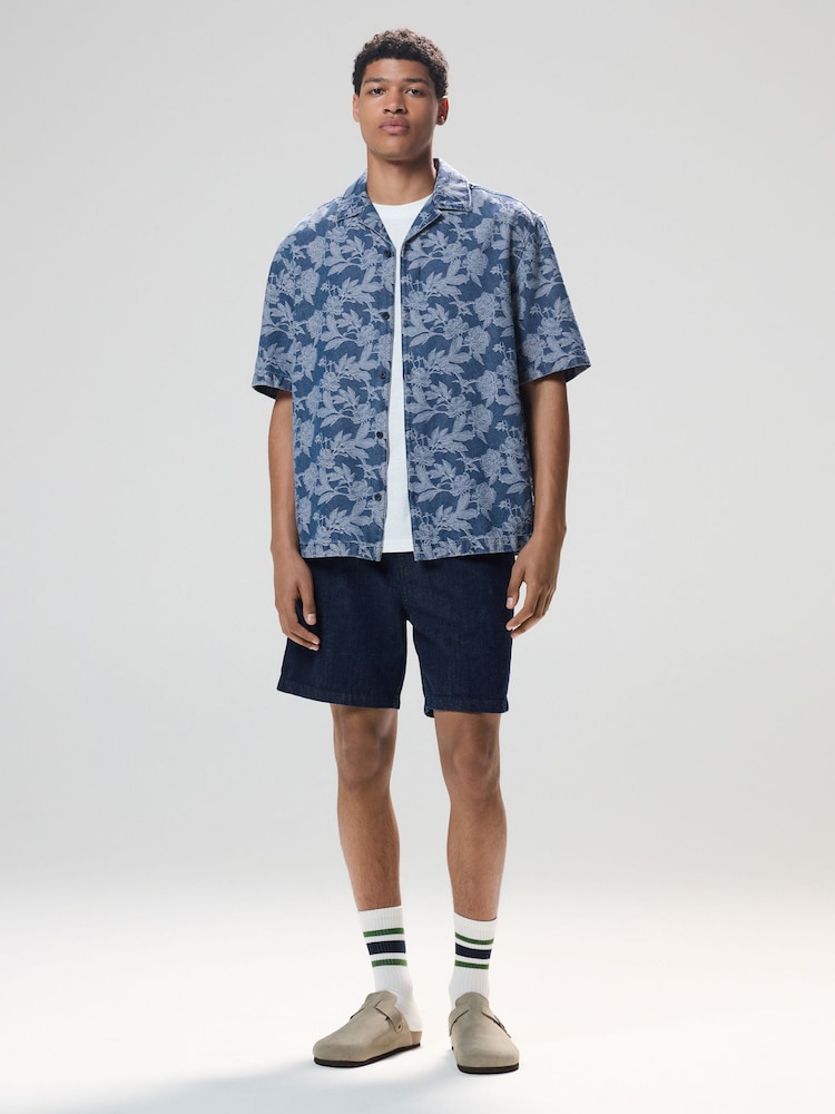 Navy Blue Jacquard Printed Short Sleeve Shirt - Image 2 of 9