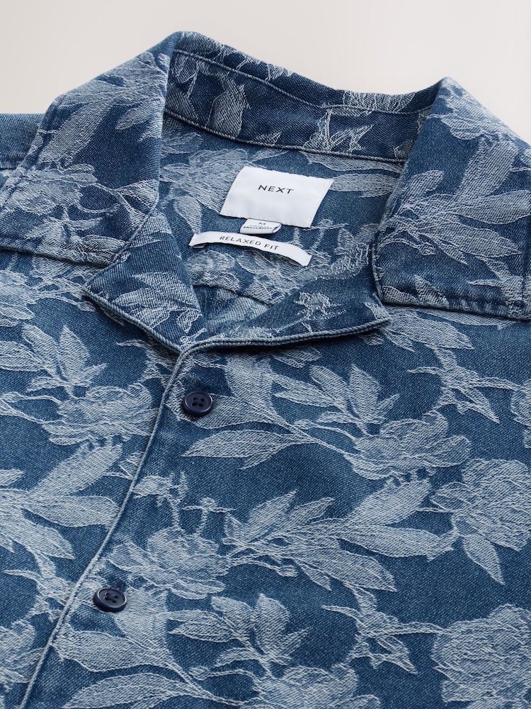 Navy Blue Jacquard Printed Short Sleeve Shirt - Image 9 of 9