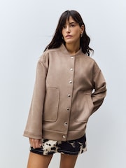 Neutral Faux Suede Bomber Jacket - Image 1 of 4