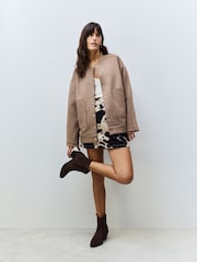 Neutral Faux Suede Bomber Jacket - Image 2 of 4