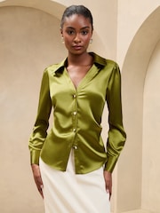 Lipsy Khaki Green Ruched Side Satin Button Through Shirt - Image 1 of 4