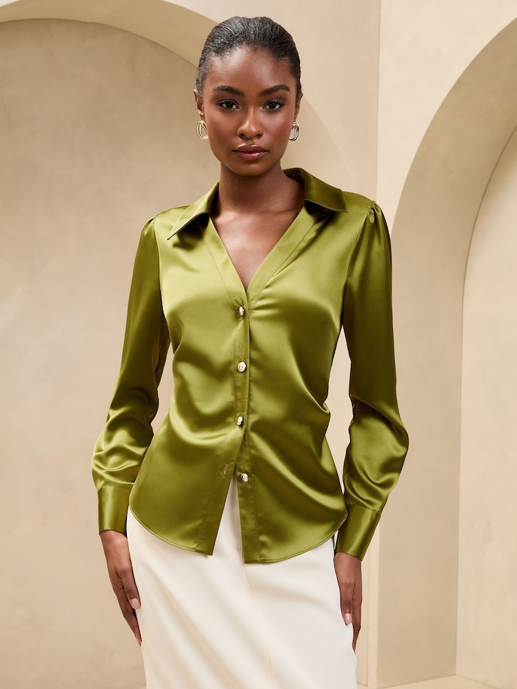 Lipsy Khaki Green Ruched Side Satin Button Through Shirt - Image 1 of 4