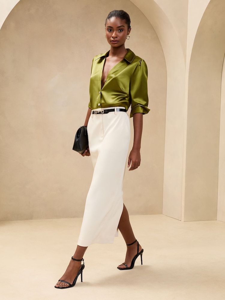 Lipsy Khaki Green Ruched Side Satin Button Through Shirt - Image 2 of 4