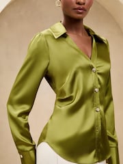 Lipsy Khaki Green Ruched Side Satin Button Through Shirt - Image 3 of 4