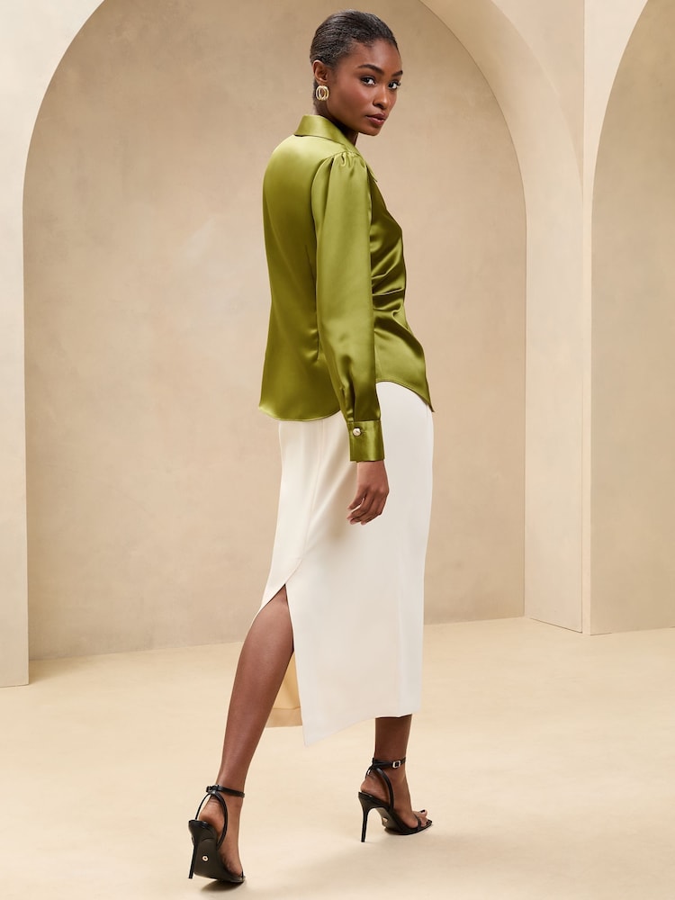 Lipsy Khaki Green Ruched Side Satin Button Through Shirt - Image 4 of 4