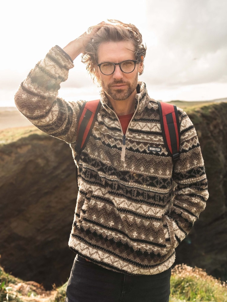 Weird Fish Cream Nash 1/4 Zip Jacquard Borg Fleece - Image 1 of 9