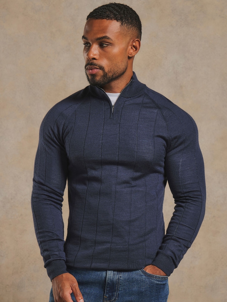 Tailored Athlete Muscle Fit Extra Fine Merino Wool Ribbed Half Zip Neck Jumper - Obrázek 1 z 6