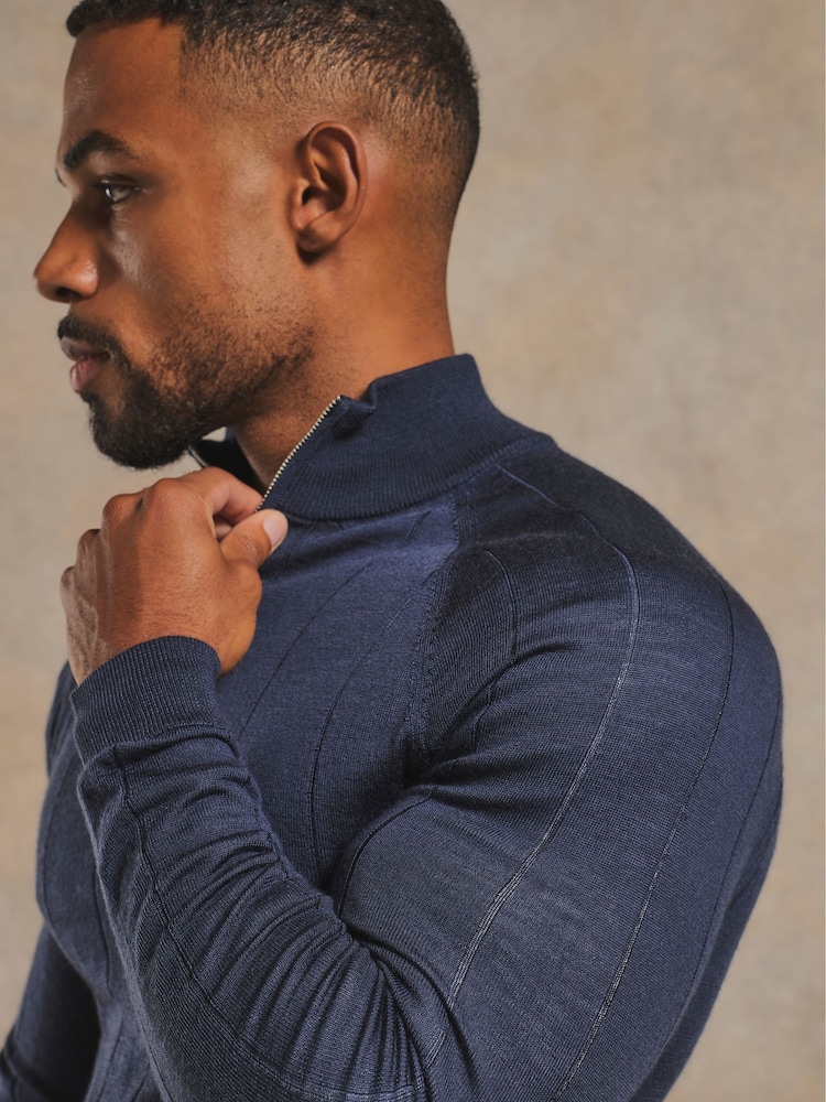 Tailored Athlete Muscle Fit Extra Fine Merino Wool Ribbed Half Zip Neck Jumper - Obrázek 2 z 6