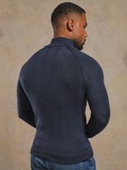 Tailored Athlete Muscle Fit Extra Fine Merino Wool Ribbed Half Zip Neck Jumper - Obrázek 4 z 6