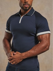 Tailored Athlete Blue Muscle Fit Mercerised Cotton Tipped Zip Neck Polo Shirt - Image 1 of 7