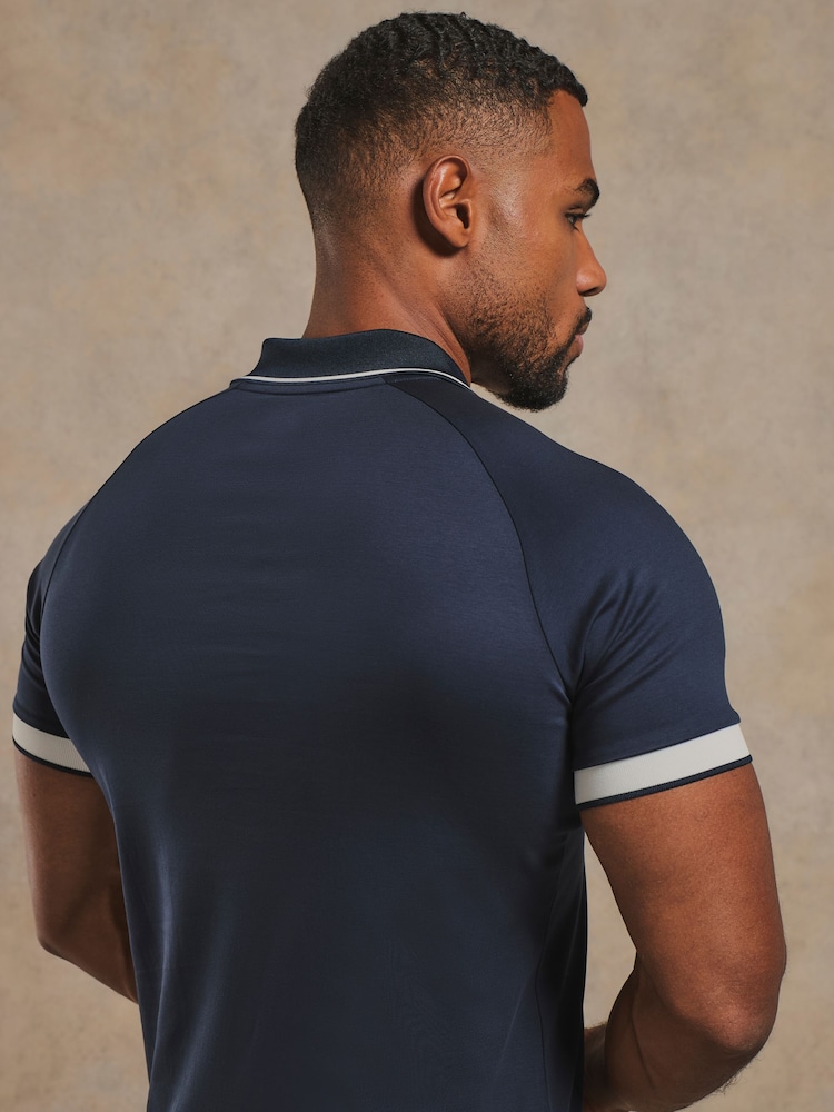Tailored Athlete Blue Muscle Fit Mercerised Cotton Tipped Zip Neck Polo Shirt - Image 2 of 7 Tailored Athlete Blue Muscle Fit Mercerised Cotton Tipped Zip Neck Polo Shirt - Image 2 of 7