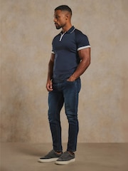Tailored Athlete Blue Muscle Fit Mercerised Cotton Tipped Zip Neck Polo Shirt - Image 3 of 7