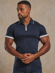 Tailored Athlete Blue Muscle Fit Mercerised Cotton Tipped Zip Neck Polo Shirt - Image 4 of 7