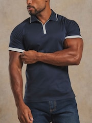 Tailored Athlete Blue Muscle Fit Mercerised Cotton Tipped Zip Neck Polo Shirt - Image 5 of 7