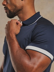 Tailored Athlete Blue Muscle Fit Mercerised Cotton Tipped Zip Neck Polo Shirt - Image 6 of 7