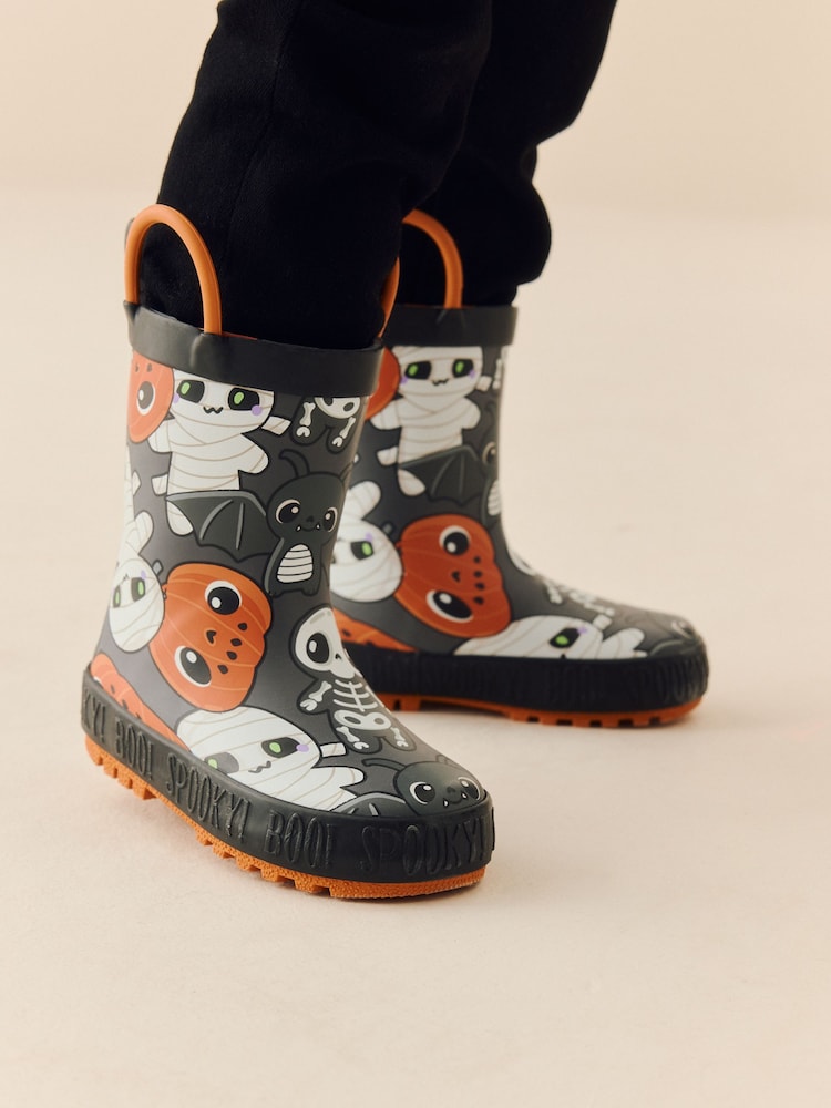 Black/Orange Halloween Handle Pull On Wellies - Image 1 of 8 Black/Orange Halloween Handle Pull On Wellies - Image 1 of 8