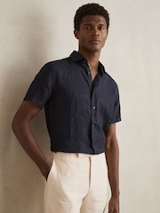 Reiss Navy Holiday Linen Short-Sleeve Shirt - Image 1 of 6