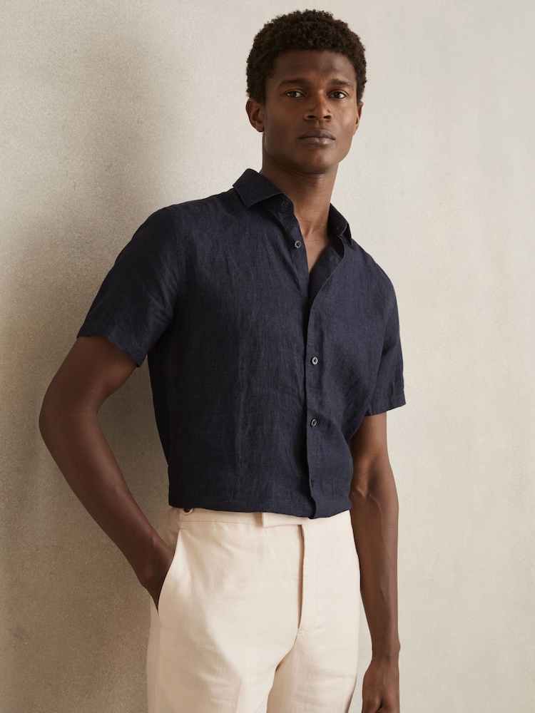 Reiss Navy Holiday Linen Short-Sleeve Shirt - Image 1 of 6