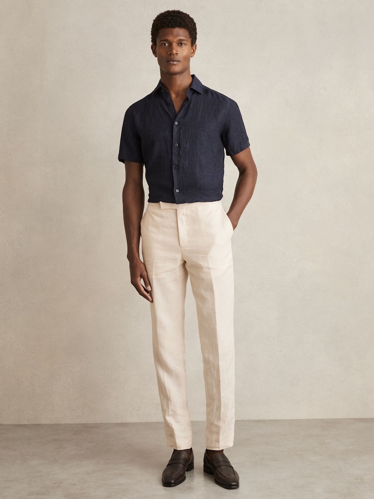 Reiss Navy Holiday Slim Fit Linen Button-Through Shirt - Image 3 of 6