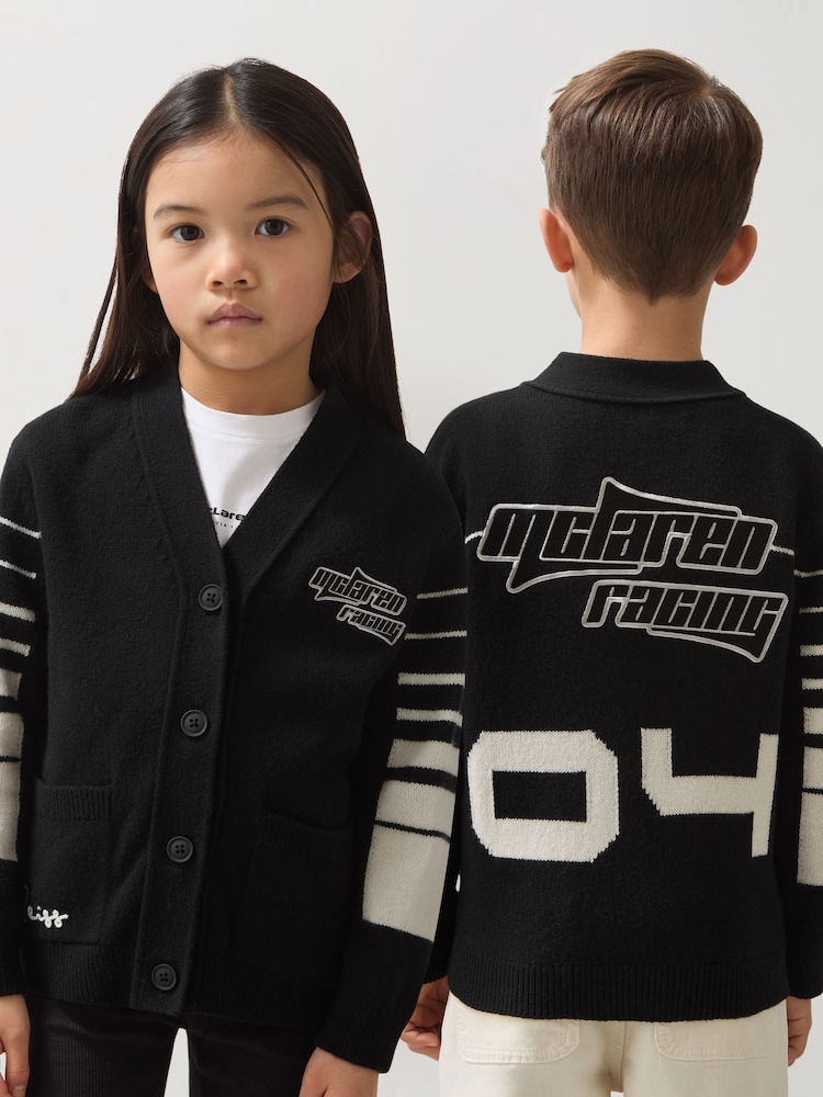 Reiss Black Boom 3-9 yrs Unisex Fit McLaren F1 Team Varsity Wool-Cashmere Cardigan - Image 1 of 8