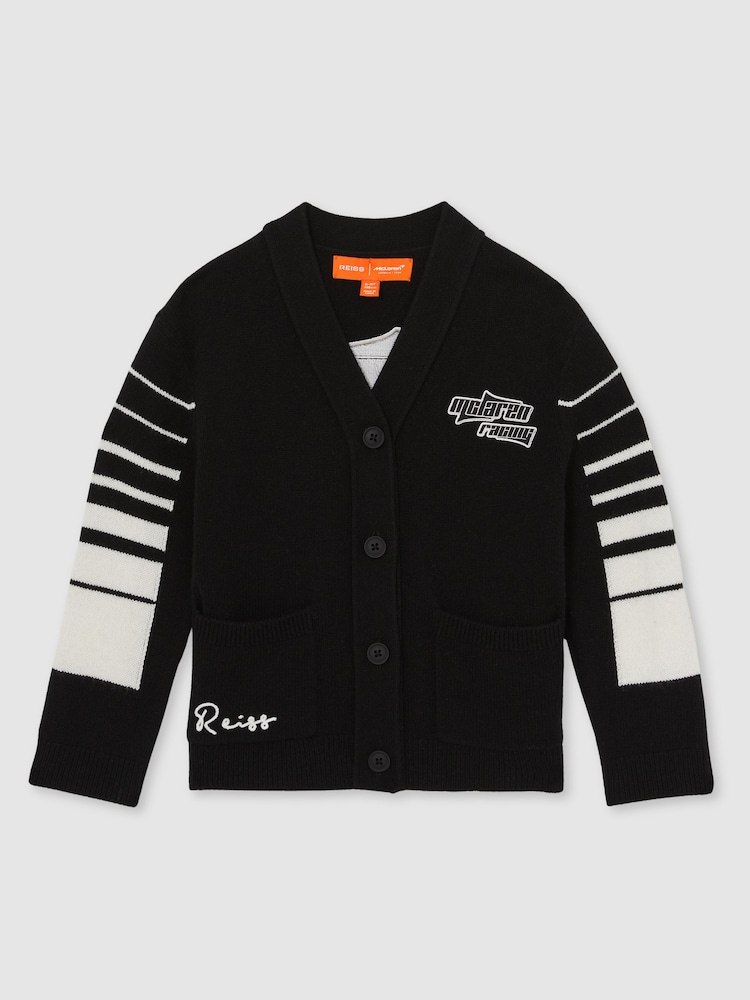Reiss Black Boom 3-9 yrs Unisex Fit McLaren F1 Team Varsity Wool-Cashmere Cardigan - Image 2 of 8