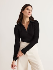 Phase Eight Black Lisa Ribbed Polo Neck 100% Cotton Top - Image 1 of 7