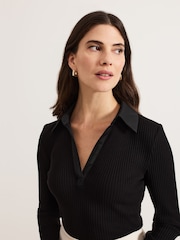 Phase Eight Black Lisa Ribbed Polo Neck 100% Cotton Top - Image 4 of 7