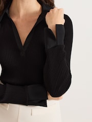 Phase Eight Black Lisa Ribbed Polo Neck 100% Cotton Top - Image 5 of 7