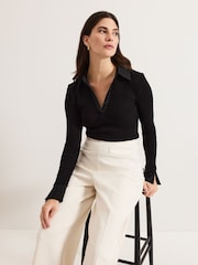 Phase Eight Black Lisa Ribbed Polo Neck 100% Cotton Top - Image 6 of 7